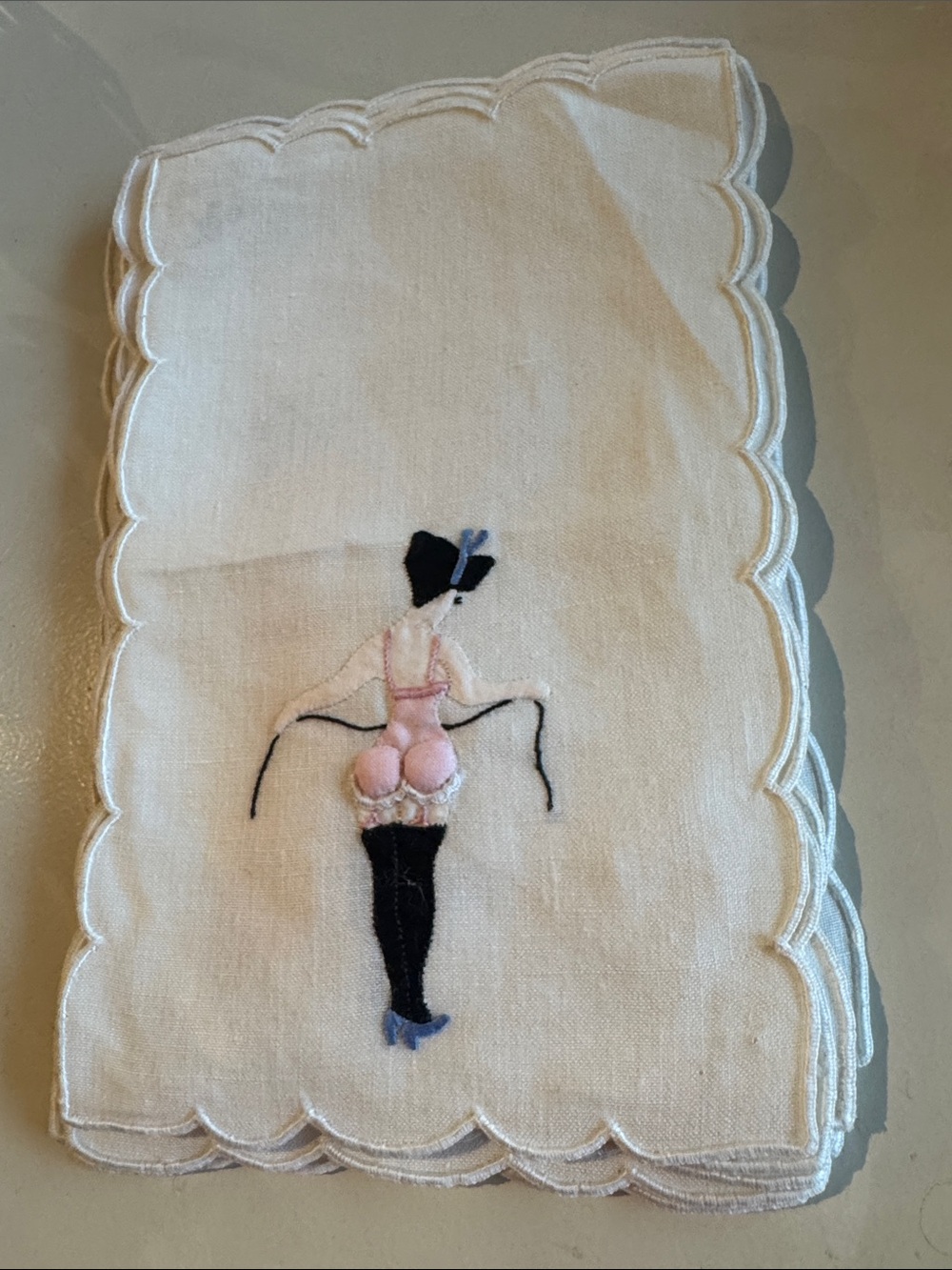 Vintage Hand-Embroidered White Linen Tea Napkins with Risqué Motif